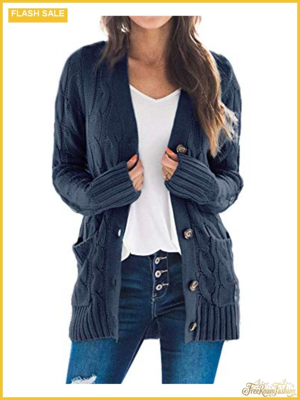 Cable Knit Cardigan Long Sleeve Open Front Button Down Knitwear Sweater Coat